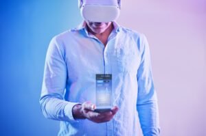 Man, vr headset and phone with 3d screen for fintech, digital stock market and online money for glo